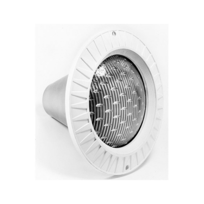 Close-up of the Hayward AstroLite Series Incandescent Pool Light, featuring a round, white recessed fixture with a textured, reflective inner surface. This 500W/120V light is designed for corrosion-free performance and comes with a 100 ft cord.