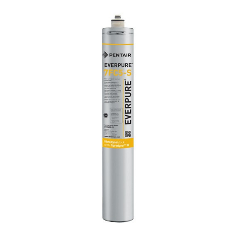 A cylindrical, silver water filtration cartridge, the Everpure 7FC5-S EV9693-71 Filter Cartridge + Scale Reduction, features a yellow band near the top with text and the Everpure logo running vertically down the front. It includes a connection point on top for attaching to a filtration system, ensuring excellent contaminant reduction.